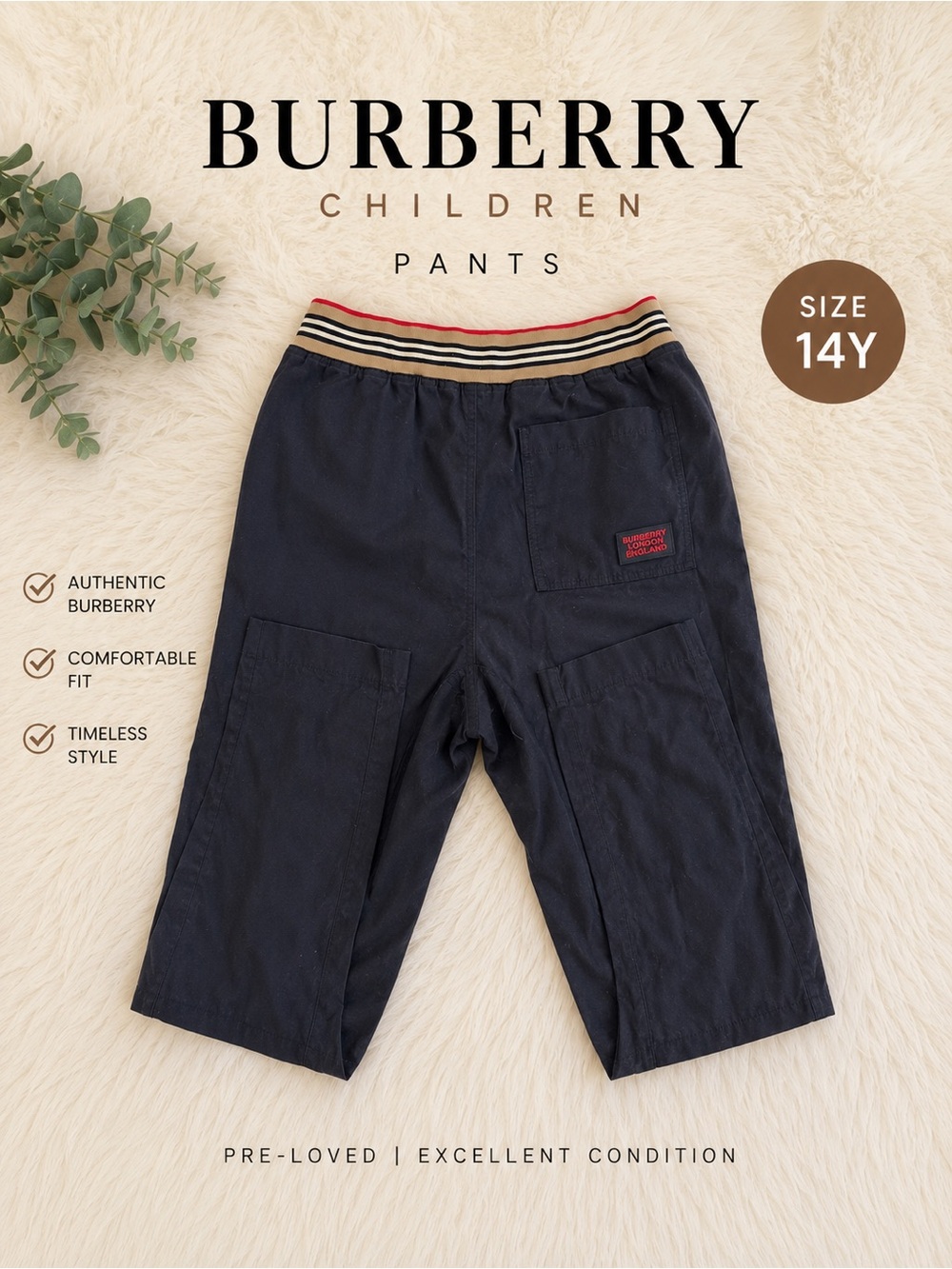 Burberry Children Navy Cargo Pants with Striped Waistband